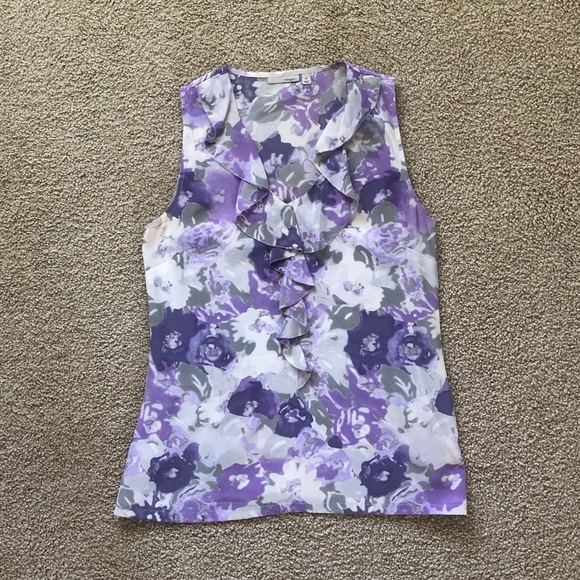 Halogen Tops - Halogen 100% Silk Purple Floral Blouse with Ruffle